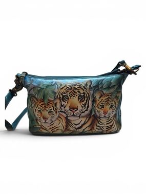 Anuschka Teal Hand-Painted Tiger Family Leather Crossbody